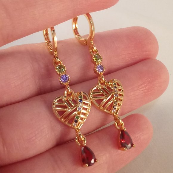 18K Yellow Gold Filled Garnet Red Diamond Zircon Carved Heart Dangle Earrings - Picture 3 of 4